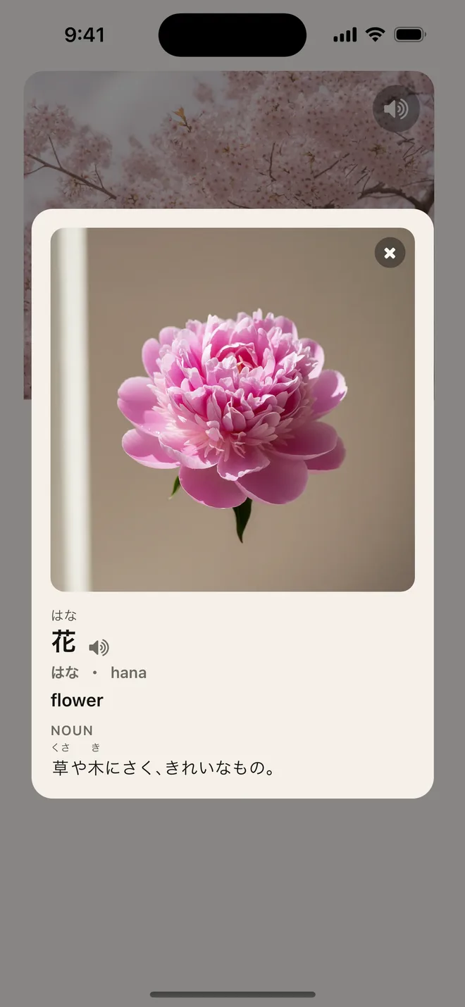After tapping 花 in the definition: a popup card with an image of a flower, the reading はな / hana, the meaning 'flower', and a one-line Japanese definition.